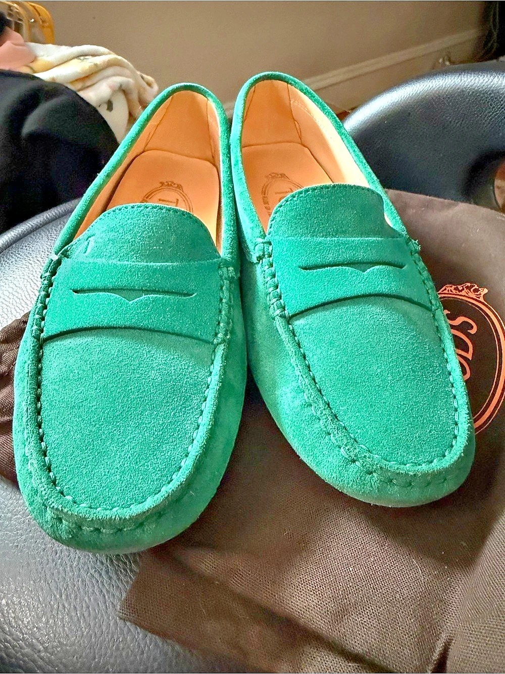 Tod's Gommino Suede Penny Driving Loafers Green
